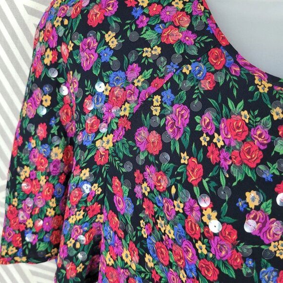 Vintage 90s Sequin Shirt Dress Size Medium Large Floral Grunge Alt Pink Red Rose - Picture 5 of 7